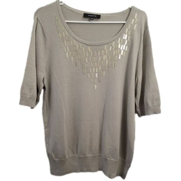 Jones Wear XL Short Sleeved Sweater w/beading fancy Cotton Rayon blend Taupe EUC - Picture 1 of 8